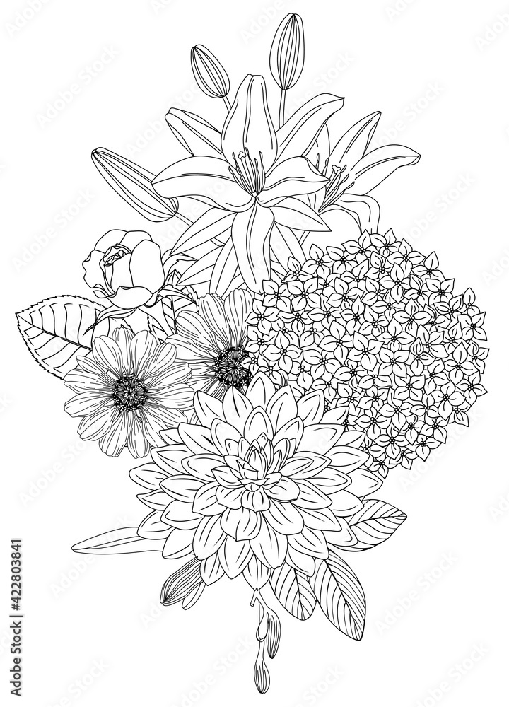 Vector arrangement with summer flowers. Floral outlines of rose, hydrangea, dahlia, zinnia. Botanical composition for greeting card and invitation. Can be used for event or wedding design.