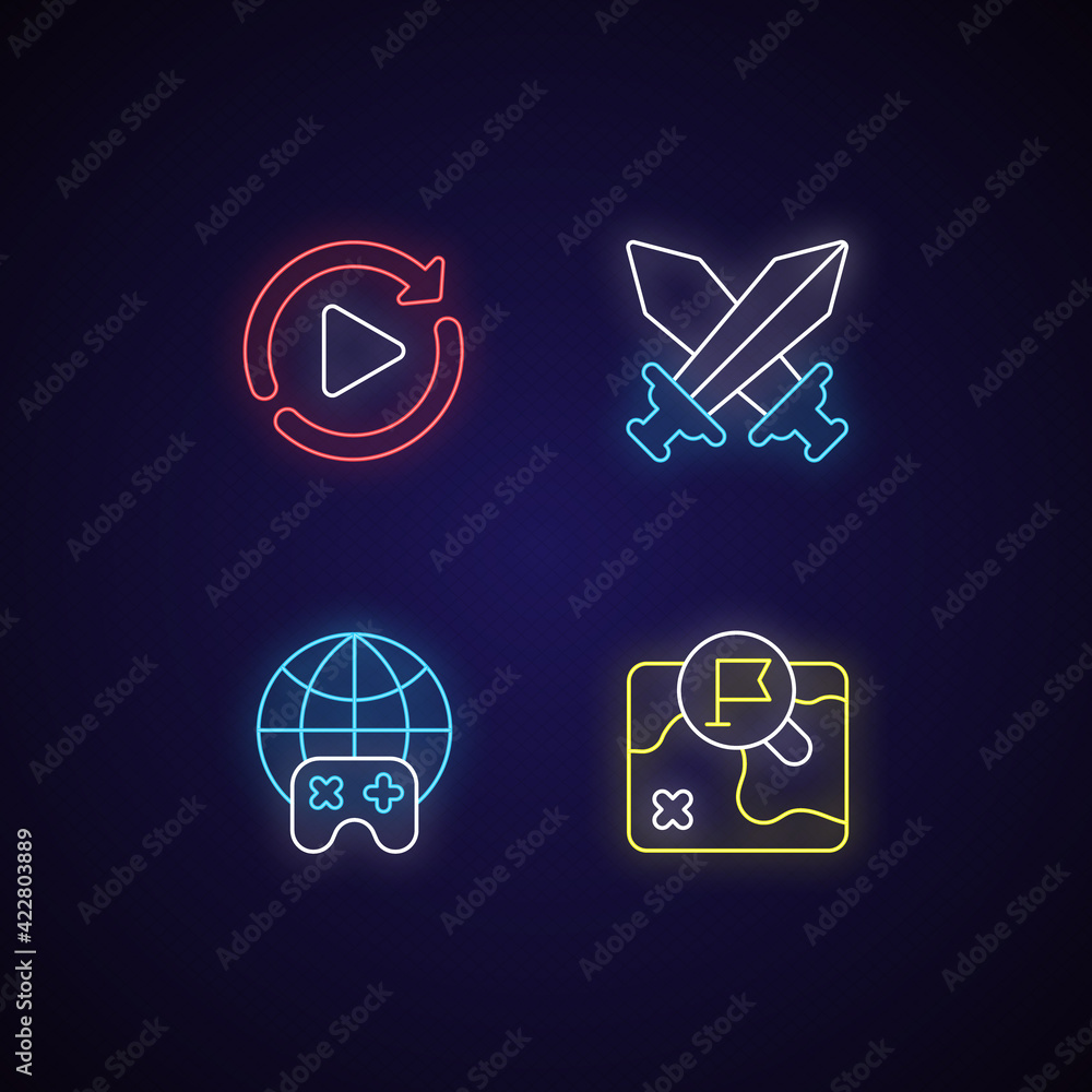 Virtual entertainment neon light icons set. Internet game, PVP mode, restart and map signs with outer glowing effect. Online gaming. Videogame signs. Vector isolated RGB color illustrations Virtual entertainment neon light icons set. Internet game, PVP mode, restart and map signs with outer glowing effect. Online gaming. Videogame signs. Vector isolated RGB color illustrations