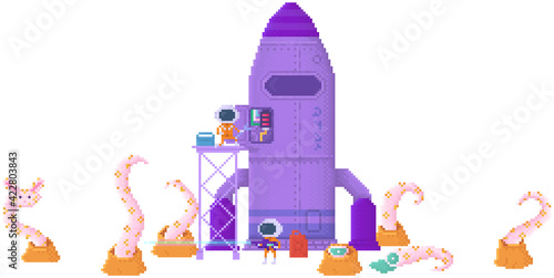 Pixelated character repairs rocket to fly away. Alien with blaster shoots dangerous pixel animal