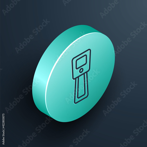 Isometric line Digital contactless thermometer with infrared light icon isolated on black background. Turquoise circle button. Vector