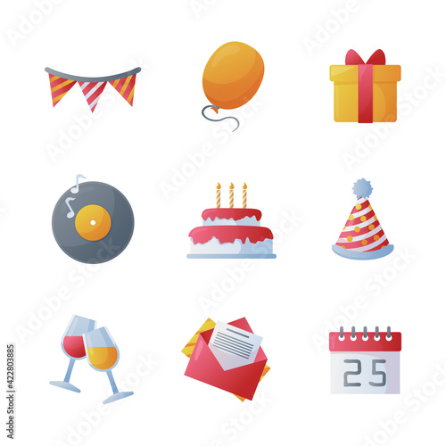 Simple colorful party icons with simple gradient. Including gift, cake, letter, glasses of wine, calendar and party decoration.