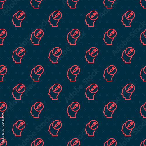 Red line Addiction to the drug icon isolated seamless pattern on black background. Heroin, narcotic, addiction, illegal. Sick junkie with a syringe and medical pills. Vector