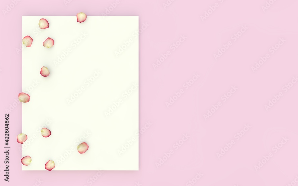 An empty white blank for a postcard with scattered rose petals