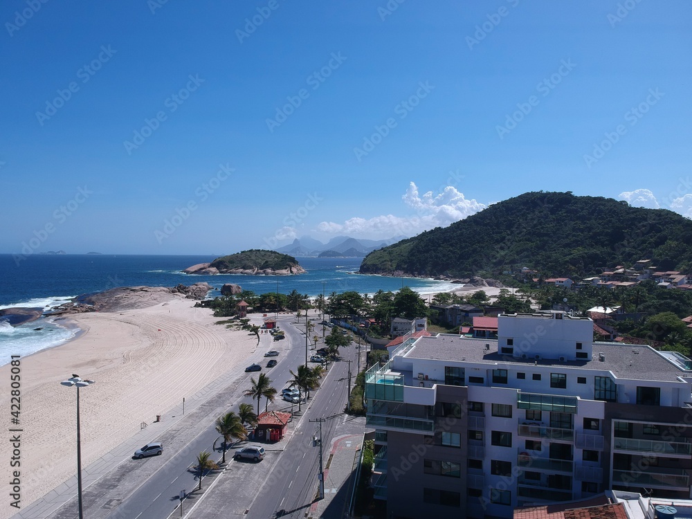Aerial view of Piratininga beach in Niterói, Rio de Janeiro. Sunny day. Drone photo
