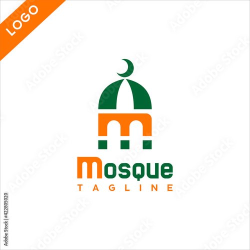Mosque logo - in the form of a mosque with the letter M as the pillar of the mosque suitable for companies or organizations engaged in the Islamic religion.