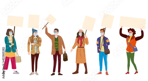 Set of Protesters crowd man and woman in medical masks from virus COVID, holding empty banners. Activists protesting, during a pandemic quarantine coronavirus, political meeting, strike human rights