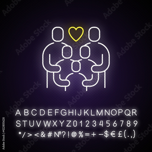 Family reunion neon light icon. Relatives social gathering. Parents celebrate with children. Outer glowing effect. Sign with alphabet, numbers and symbols. Vector isolated RGB color illustration