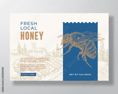 Fresh Local Honey Label Template. Abstract Vector Packaging Design Layout. Modern Typography Banner with Hand Drawn Bee and Rural Landscape Background. Isolated