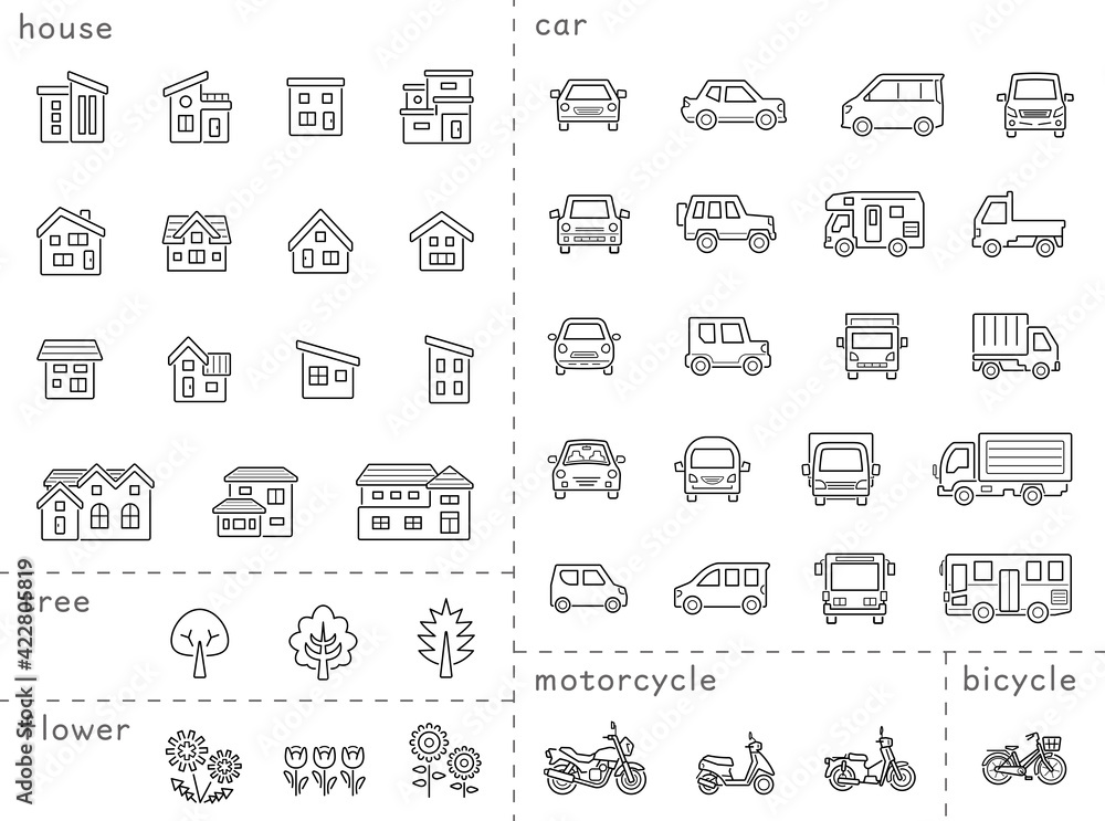 家と車と二輪車と植物のアイコンセット 隙間あり未拡張の線のみ 分類バージョン Stock ベクター Adobe Stock 家と車と二輪車と植物のアイコンセット 隙間あり未拡張の線のみ 分類バージョン Stock ベクター Adobe Stock