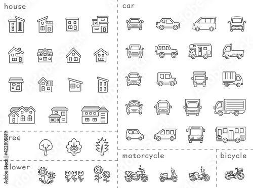 家と車と二輪車と植物のアイコンセット(隙間あり未拡張の線のみ)分類バージョン