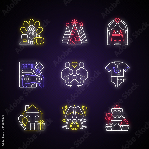 Party neon light icons set. Thanksgiving tradition. Birthday cone hats. Wedding reception. Game night. Family gathering. Signs with outer glowing effect. Vector isolated RGB color illustrations