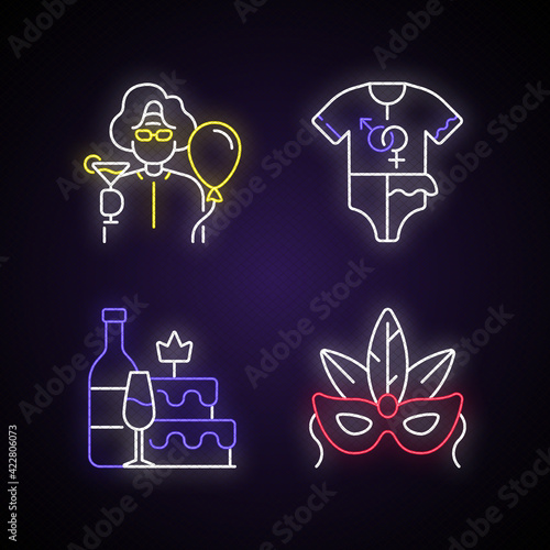 Family party greeting neon light icons set. Retirement celebration. Baby gender reveal. Carnival mask. Happy retiree. Signs with outer glowing effect. Vector isolated RGB color illustrations
