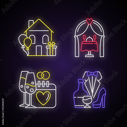 Family celebration neon light icons set. Housewarming party. Engagement date. Romantic dinner. Wedding reception. Signs with outer glowing effect. Vector isolated RGB color illustrations