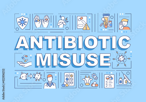 Antibiotic misuse word concepts banner. Inappropriate treatment. Antibiotic overuse. Infographics with linear icons on blue background. Isolated typography. Vector outline RGB color illustration photo