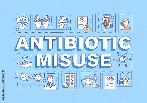 Antibiotic misuse word concepts banner. Inappropriate treatment. Antibiotic overuse. Infographics with linear icons on blue background. Isolated typography. Vector outline RGB color illustration