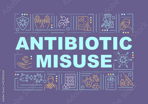 Antibiotic misuse word concepts banner. Inappropriate treating. Antibiotic overdose. Infographics with linear icons on purple background. Isolated typography. Vector outline RGB color illustration