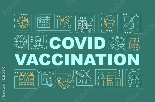 Covid vaccination word concepts banner. Providing immunization. Protection development. Infographics with linear icons on green background. Isolated typography. Vector outline RGB color illustration