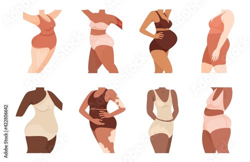Set of female body shapes. Multiracial women dressed in lingerie isolated characters. Body positive. Love your body. Vector cartoon flat illustration.