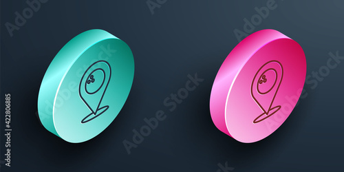 Isometric line Map pointer with bowling ball icon isolated on black background. Sport equipment. Turquoise and pink circle button. Vector