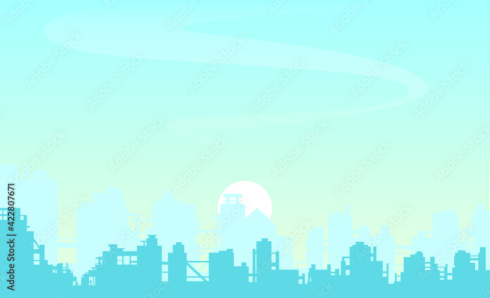 vector blue cityscape illustration, silhouettes of buildings, skyline background 