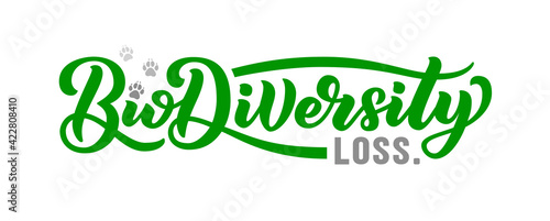 Biodiversity loss brush lettering text. Global environmental problems, urbanization problem. Plants and animals destruction. Vector illustration
