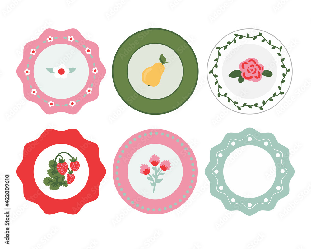 Set of ethnic vintage decorative dishes, walls with antique plates, interior decoration, table setting. Isolated on white background menu design. Vector illustration