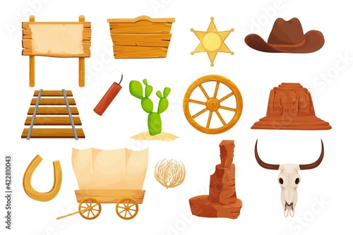 Wild west, western collection in cartoon style isolated on white background. Retro wagon, scull on wooden banner cowboy hat with star, Arizona dessert stone, wheel and cactus.