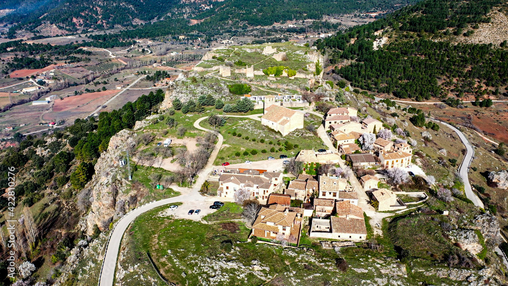 Drone view of the town of Riopar Viejo (Spain).