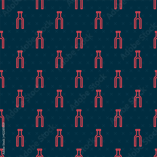 Red line Bicycle suspension fork icon isolated seamless pattern on black background. Sport transportation spare part steering wheel. Vector