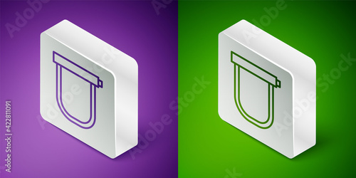 Isometric line Bicycle lock U shaped industrial icon isolated on purple and green background. Silver square button. Vector