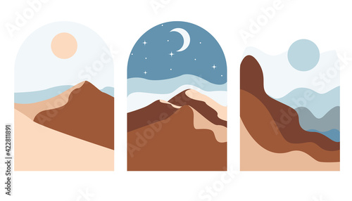 Desert abstract boho landscape with sun and moon in arch. Abstract vector contemporary aesthetic background in Earth tones. Set of posters.