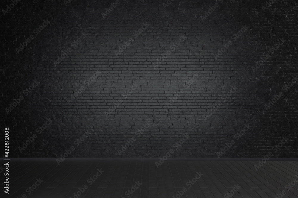 Empty studio dark room with black brick wall and wooden floor. 3d rendering Empty studio dark room with black brick wall and wooden floor. 3d rendering
