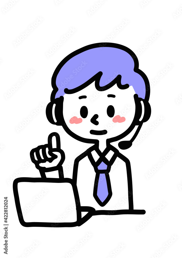 パソコンの前で指差しポーズをする会社員の男性_コールセンター パソコンの前で指差しポーズをする会社員の男性_コールセンター