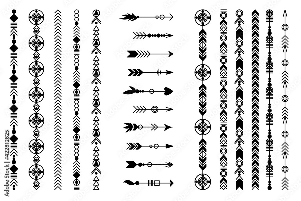 Tribal arrow set. Ethnic vector design collection. Boho elements for tattoo, stickers, t-shirt, bag, clothes. Stock Vector