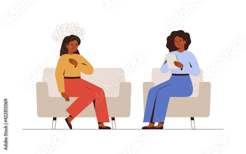 Sad woman talks during a mental therapy session with her psychotherapist or psychologist. Female psychologist has an individual meeting with her patient. Vector illustration