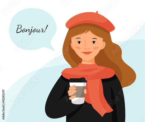 Cute girl in a red beret with cup of coffee. Parisian style woman. Girl with cloud for text. Translation of text - hello. 