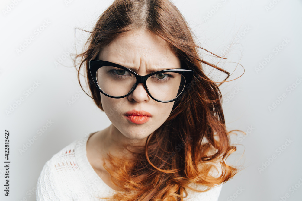 Obraz premium woman with glasses fashion smile cosmetics studio emotion
