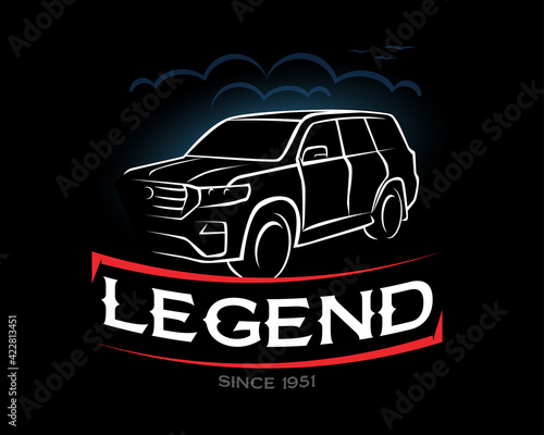 Legend t-shirt, since 1951. Toyota, Land Cruiser 200 vintage art. Offroad SUV car, , Hand drawn sketch, retro badge, typography design t-shirt print, vector illustration .