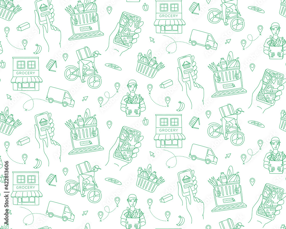 Mobile app to order grocery. Courier delivering. Seamless line pattern Mobile app to order grocery. Courier delivering. Seamless line pattern