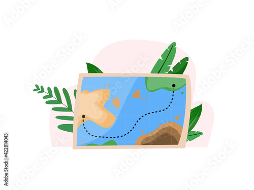 concept of buying a voucher on the website of a travel agency, tickets for vacations, tour search. Tourist card on the background of tropical plants. Cute cartoon style. Vector illustration