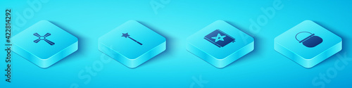 Set Isometric Tombstone with cross, Magic wand, Halloween witch cauldron and Ancient magic book icon. Vector