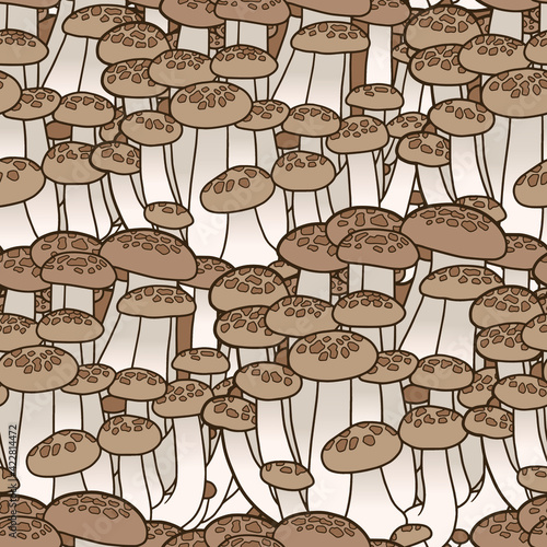 Brown beech mushroom. Hon Shimeji.  Hand drawing edible mushrooms. Seamless background. Botanical pattern.