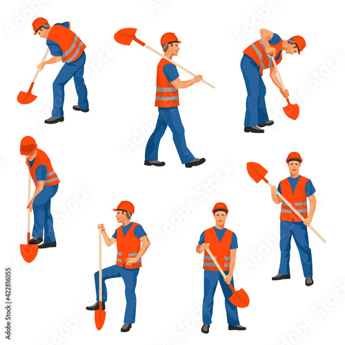 A set of vector figures of a worker with a shovel standing, walking, digging