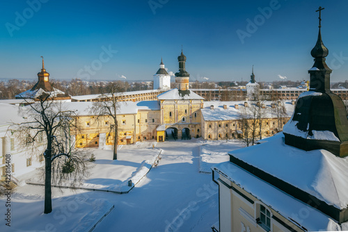View of the Holy Gate with the gate church of St. John of the Ladder from the Bell Tower of the Kirillo-Belozersky Monastery on a frosty sunny winter day, Kirillov, Vologda region, Russia