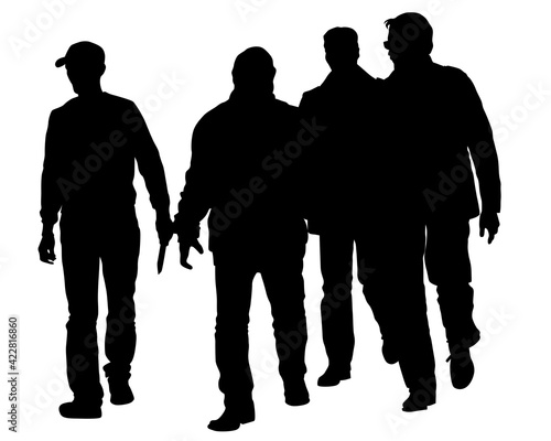 Man and women walking on street. Isolated silhouette on a white background