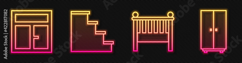 Set line Baby crib cradle bed, Window in the room, Staircase and Wardrobe. Glowing neon icon. Vector