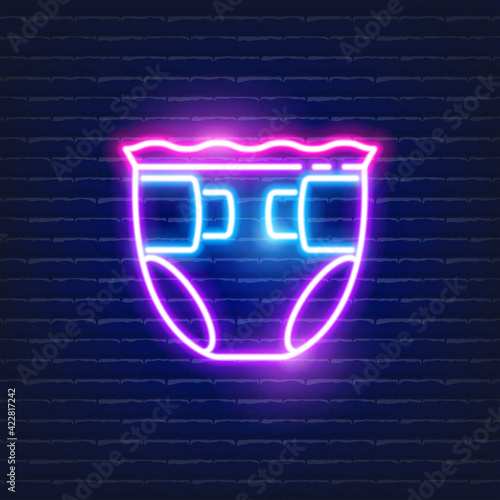 Baby diaper neon icon. Glowing Vector illustration of child signs for design. Children hygiene concept.