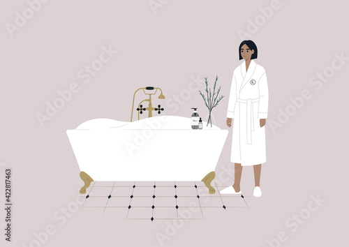 A young female character wearing a hotel bathrobe, a cozy bathroom interior with a claw foot vintage tub