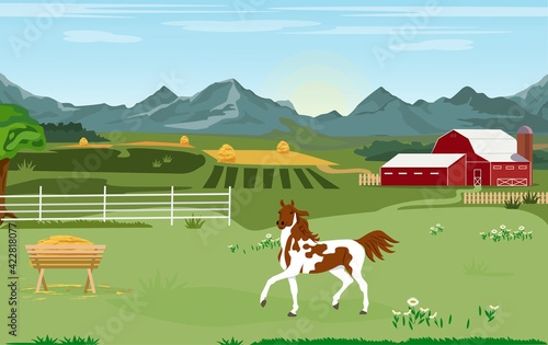 Vector illustration. Rural landscape panorama. A horse stands behind a wooden fence in a pasture with a farm, fields and mountains in the distance.