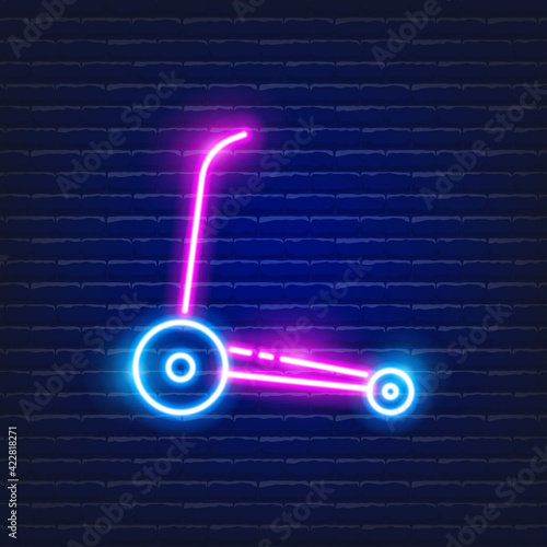 Baby Kick scooter neon icon. Glowing Vector illustration of child signs for design. Children sport concept.